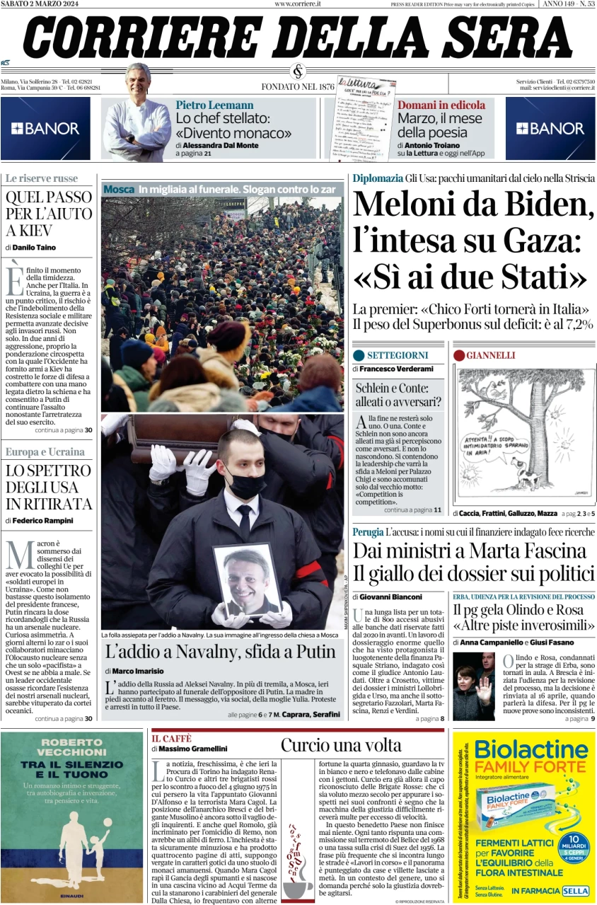 anteprima della prima pagina di corriere-della-sera del 02/03/2024