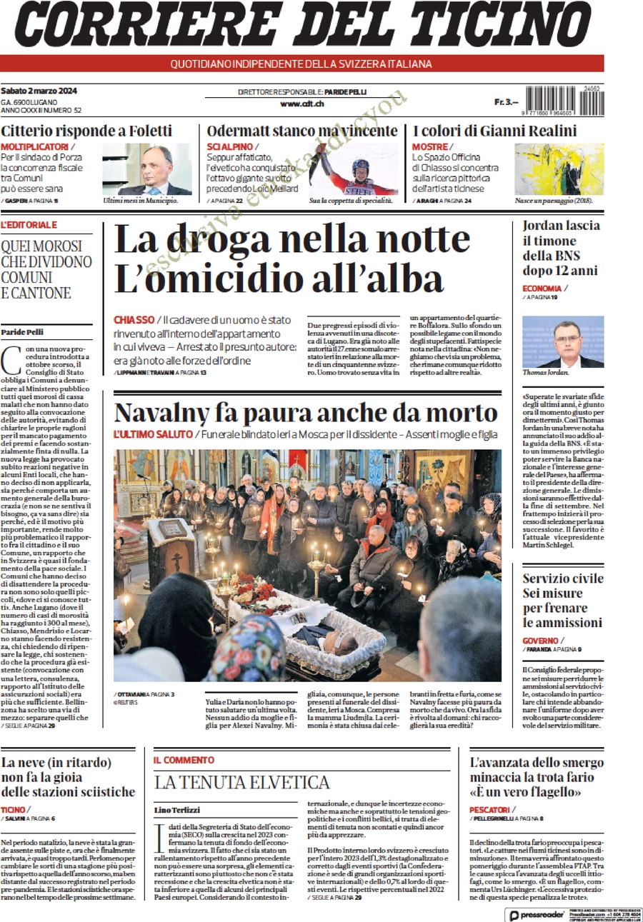 anteprima della prima pagina di corriere-del-ticino del 02/03/2024