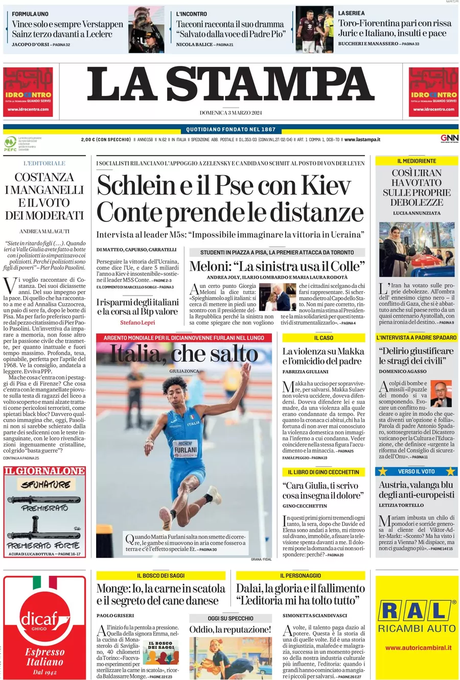 anteprima della prima pagina di la-stampa del 02/03/2024