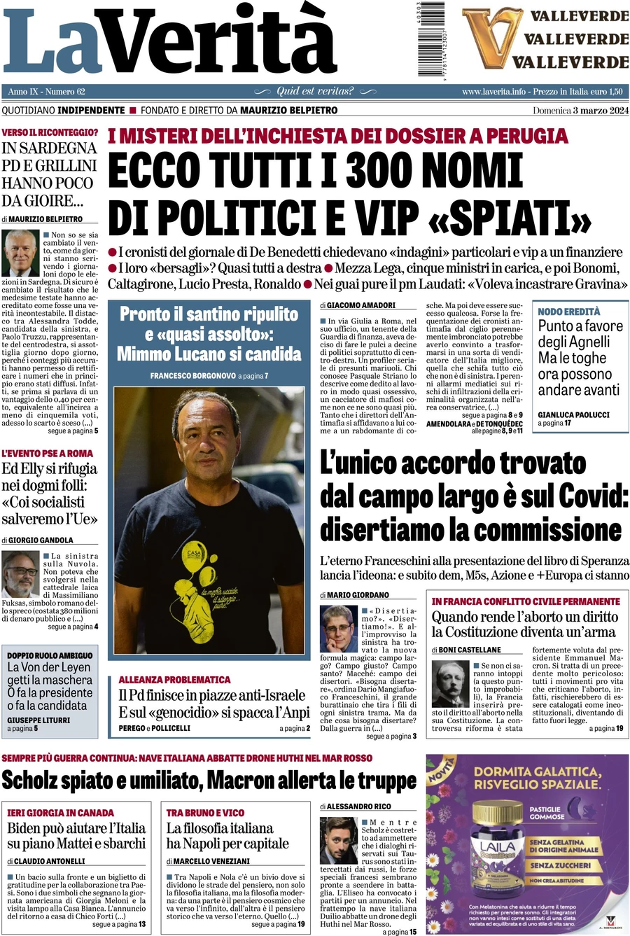 anteprima della prima pagina di la-verit del 02/03/2024