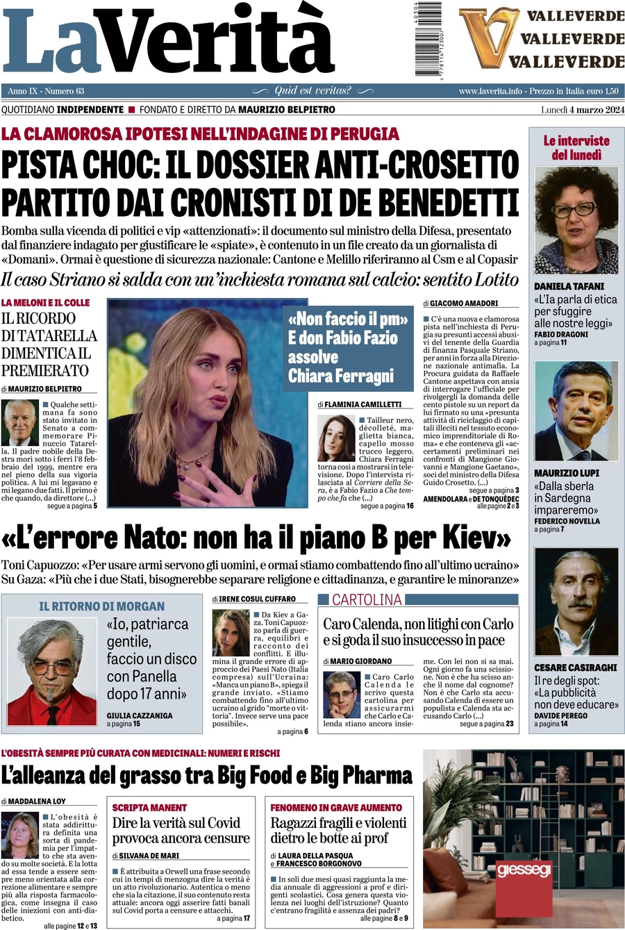 anteprima della prima pagina di la-verit del 03/03/2024