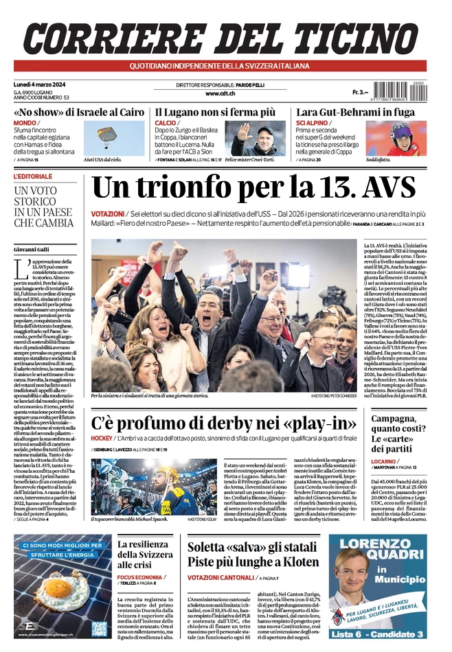 anteprima della prima pagina di corriere-del-ticino del 03/03/2024