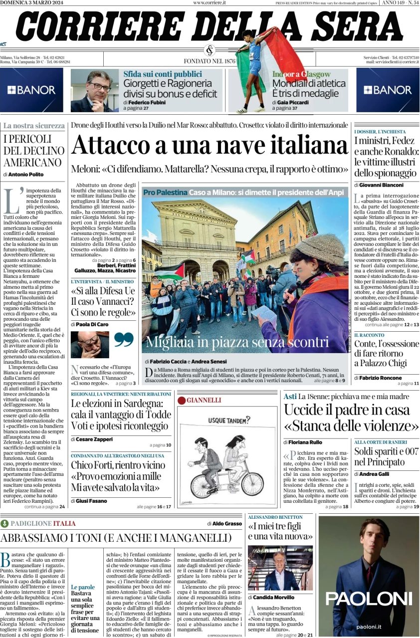 anteprima della prima pagina di corriere-della-sera del 03/03/2024