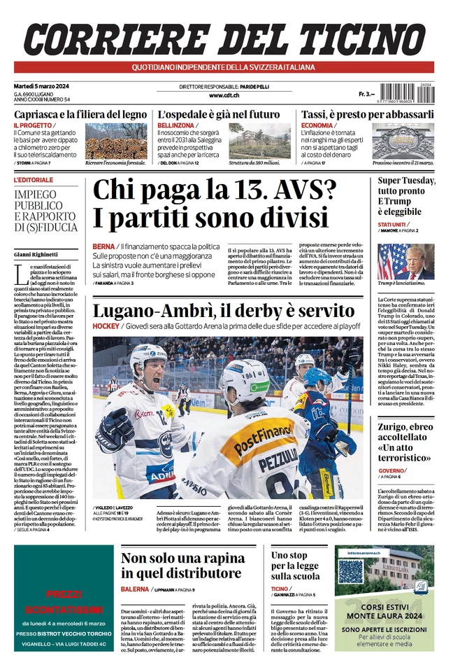 anteprima della prima pagina di corriere-del-ticino del 04/03/2024