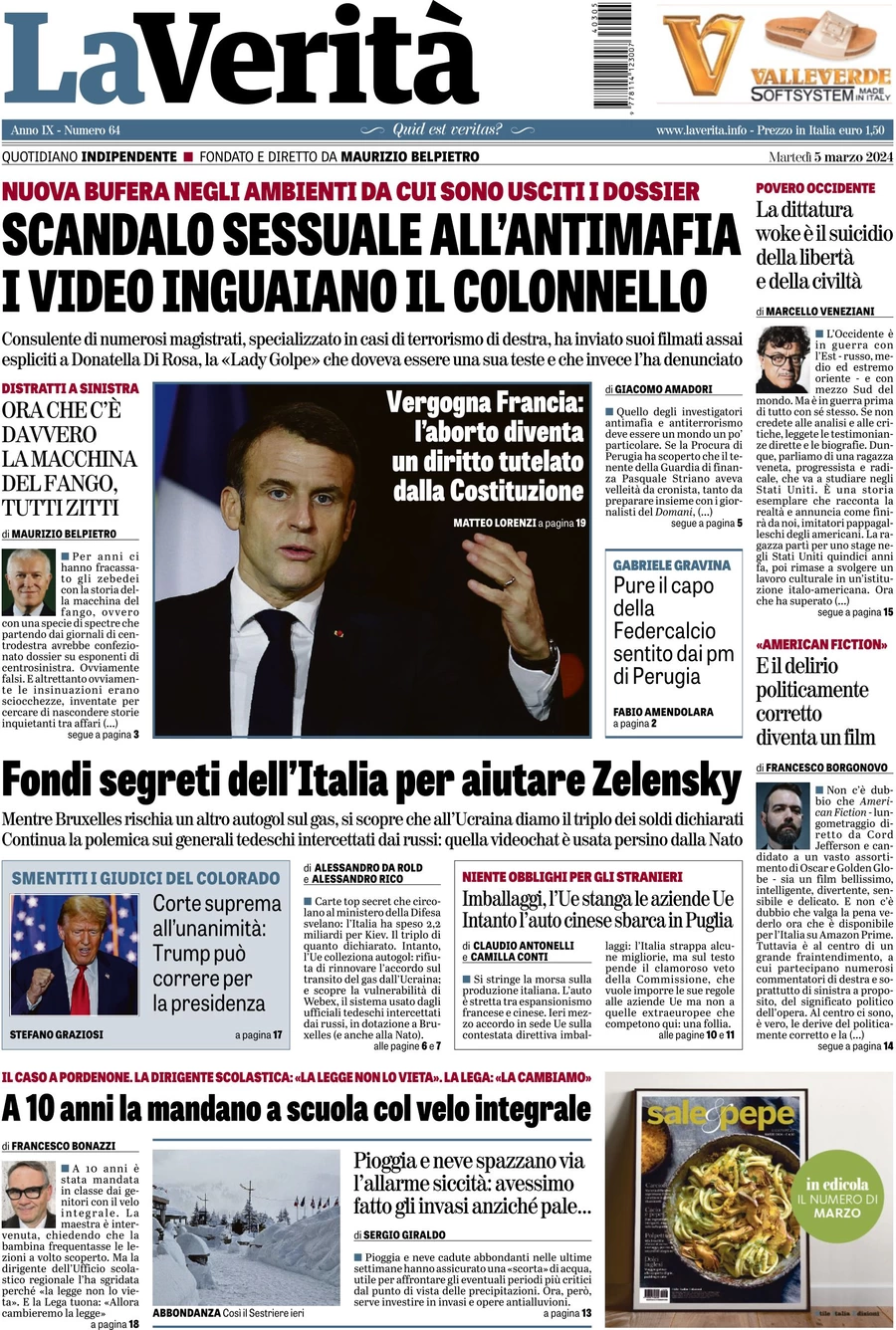 anteprima della prima pagina di la-verit del 04/03/2024