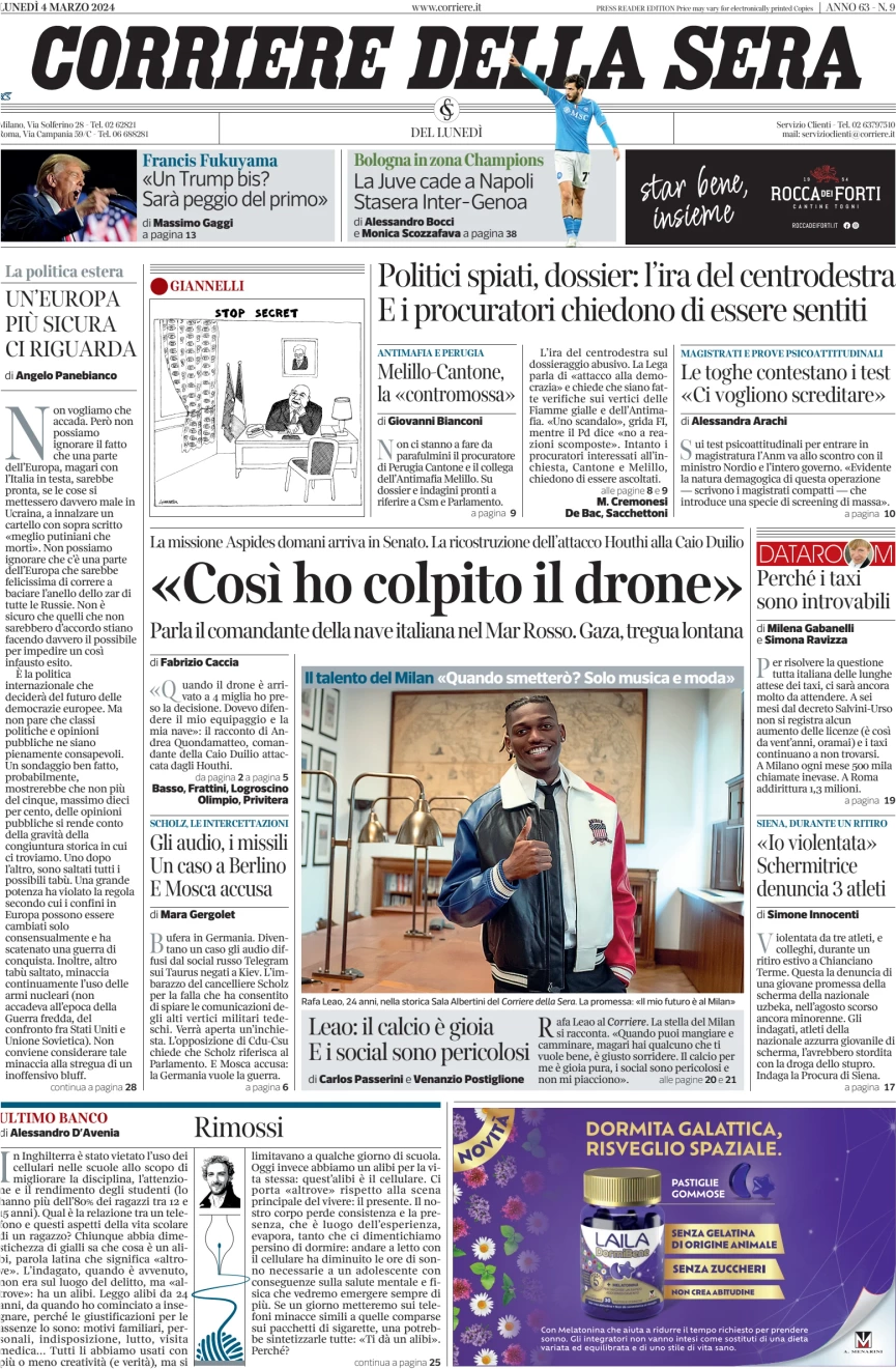 anteprima della prima pagina di corriere-della-sera del 04/03/2024