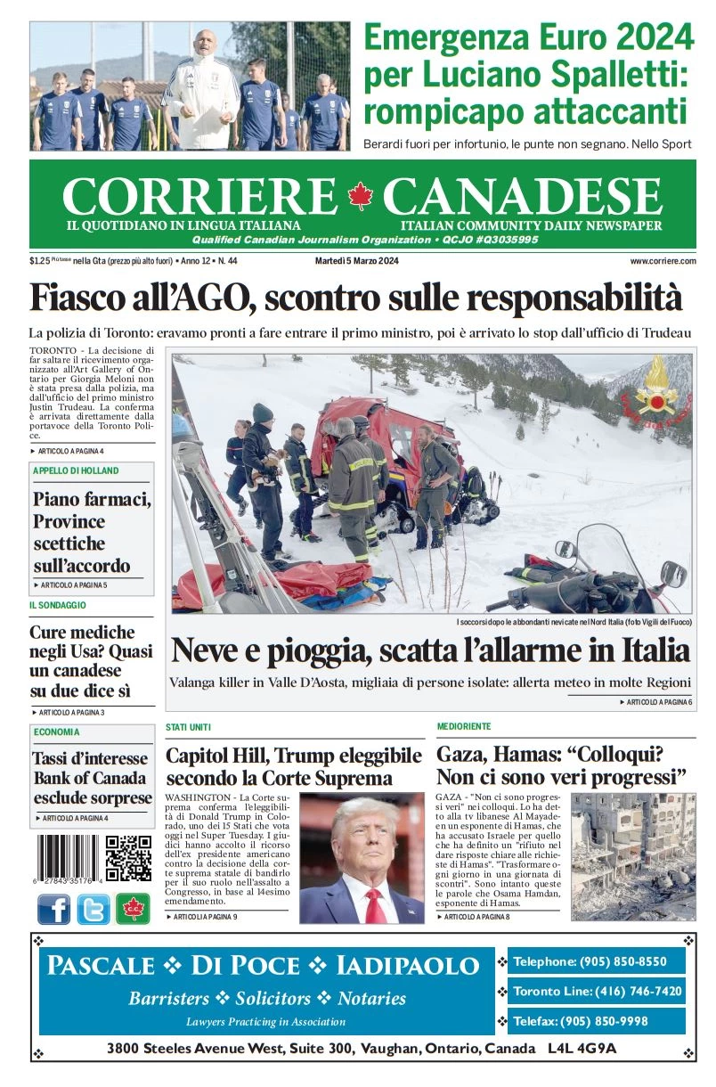 anteprima della prima pagina di corriere-canadese del 04/03/2024