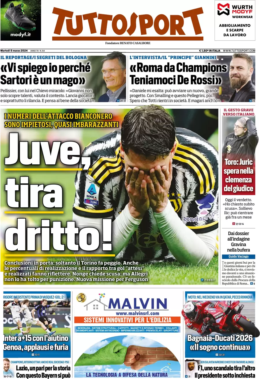 anteprima della prima pagina di tuttosport del 04/03/2024