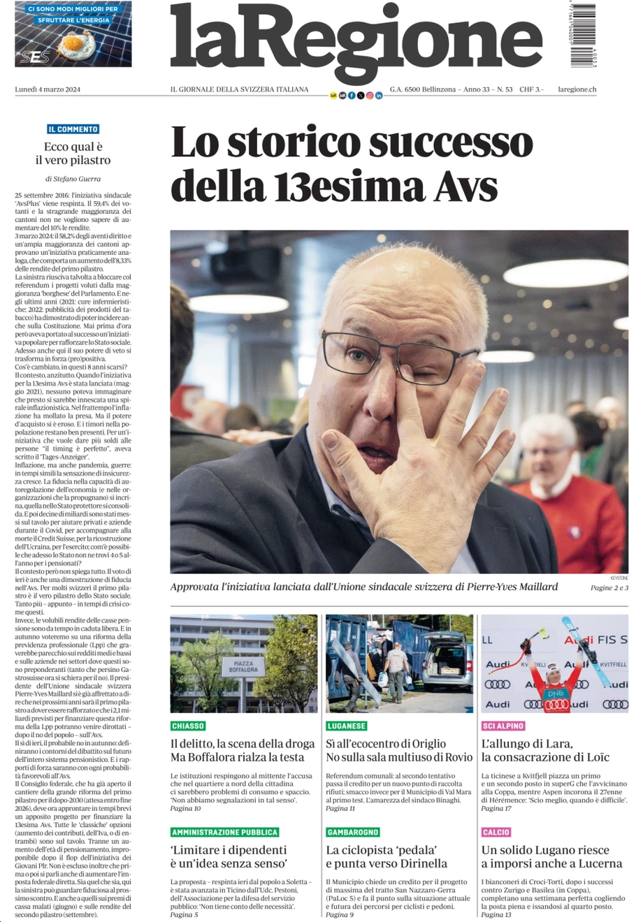 anteprima della prima pagina di la-regione del 04/03/2024