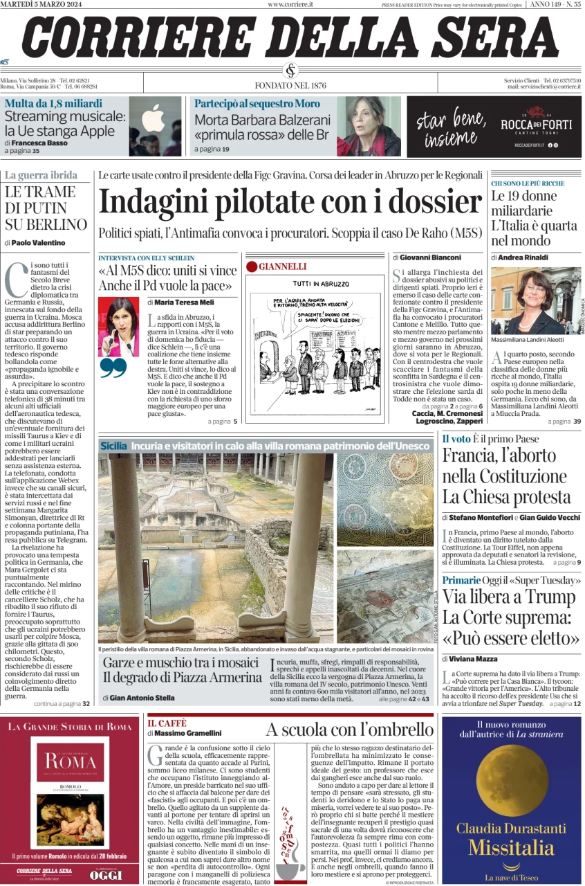 anteprima della prima pagina di corriere-della-sera del 05/03/2024