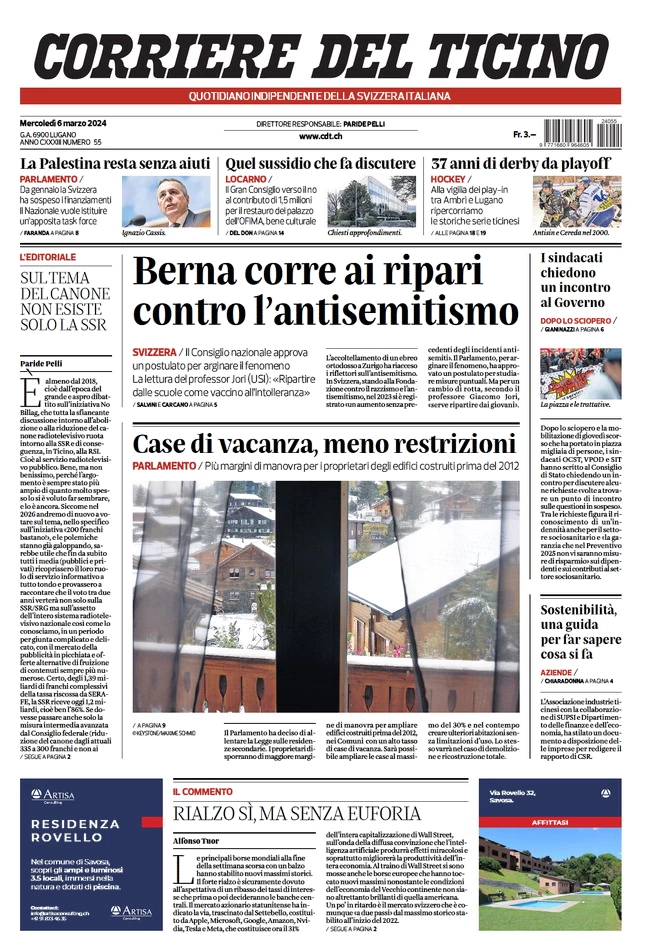 anteprima della prima pagina di corriere-del-ticino del 05/03/2024