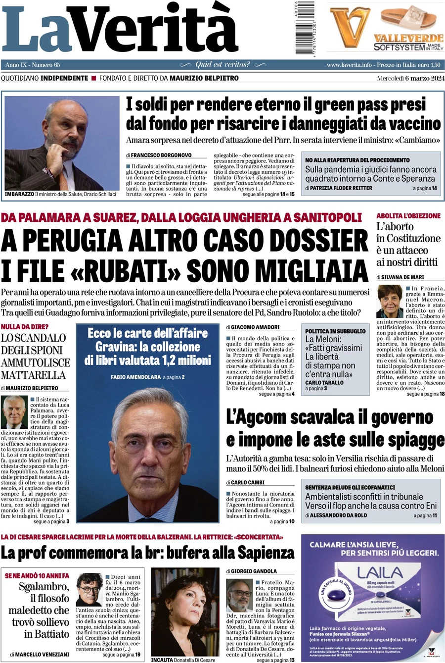 anteprima della prima pagina di la-verit del 05/03/2024