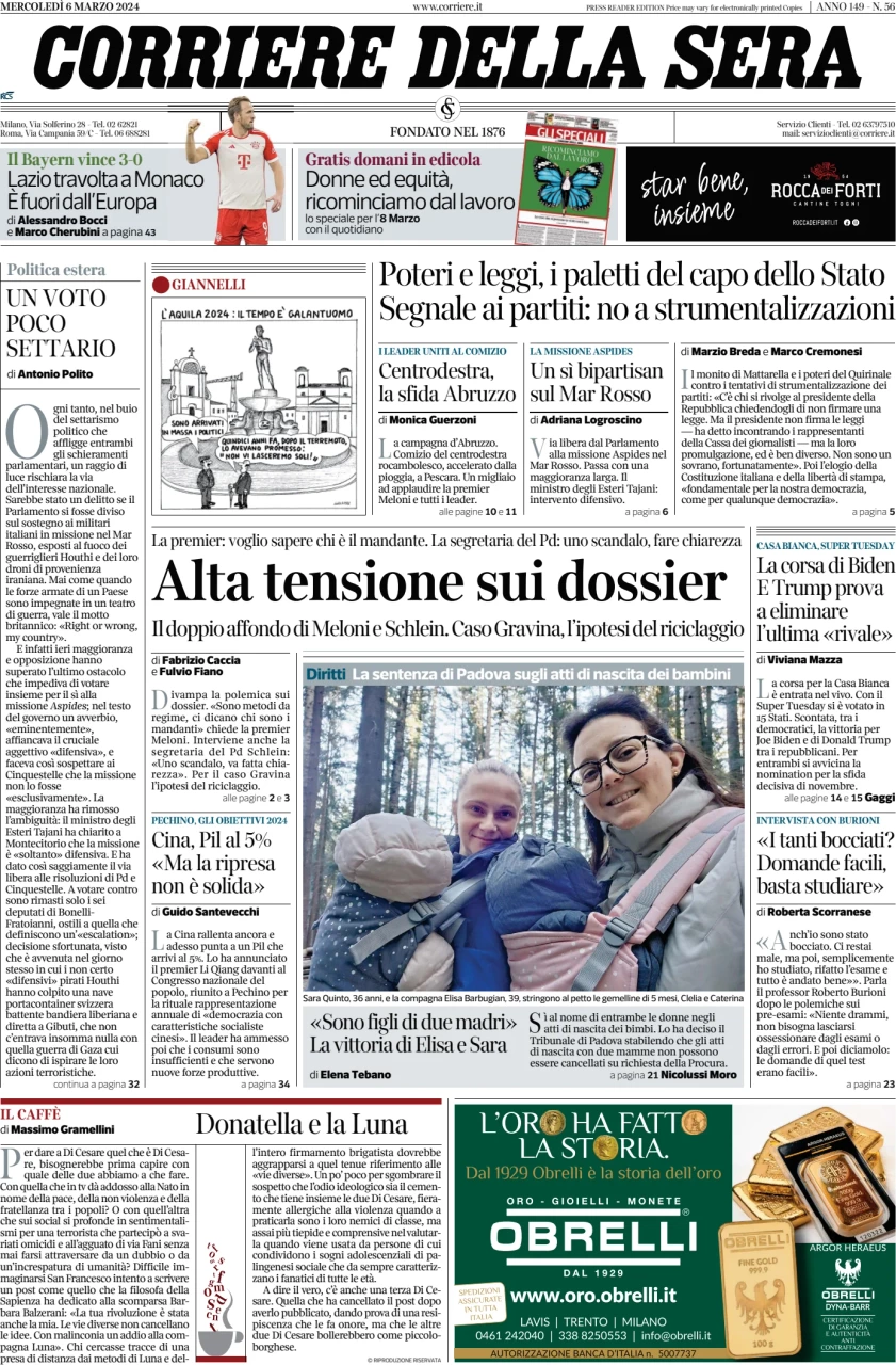 anteprima della prima pagina di corriere-della-sera del 06/03/2024