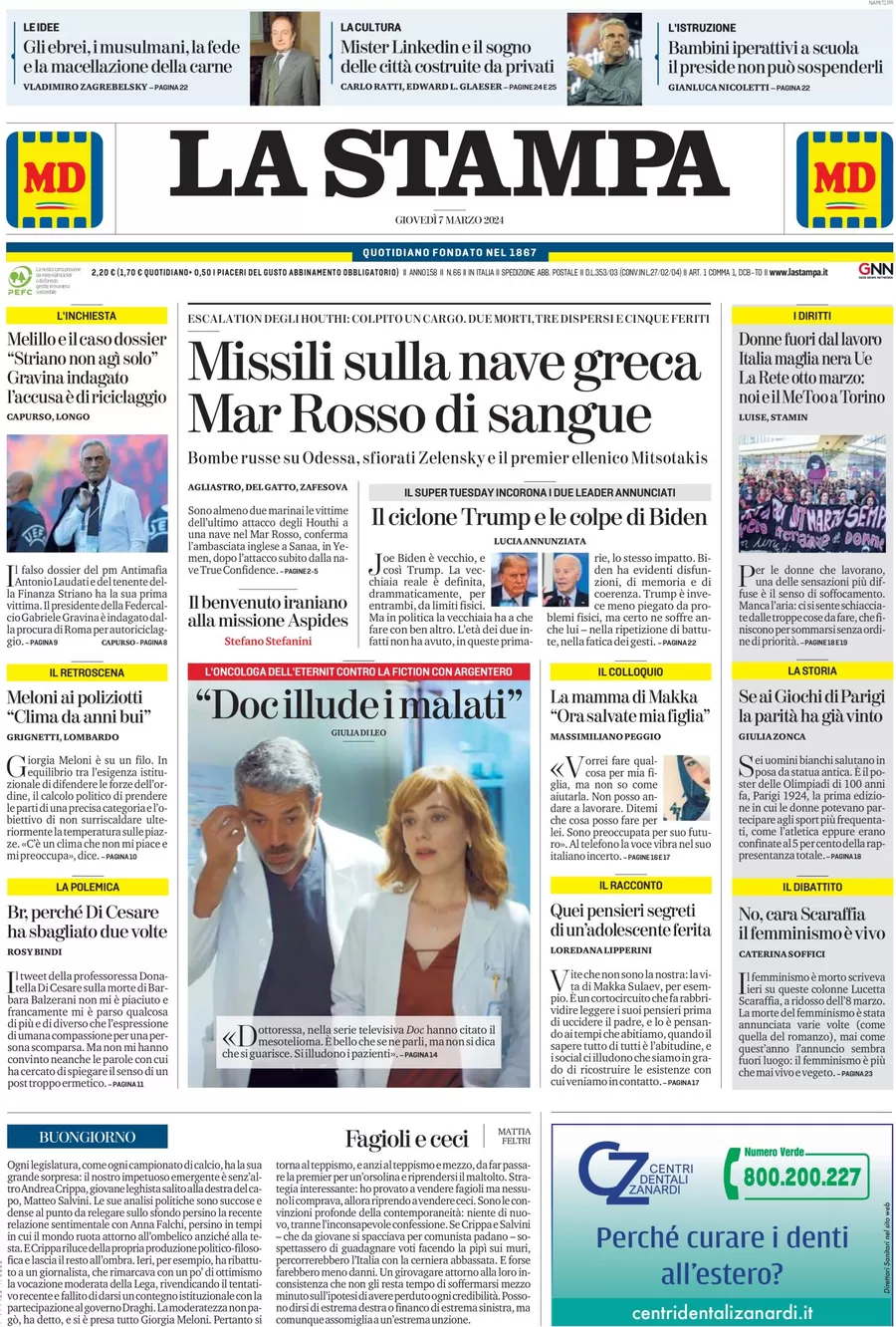 anteprima della prima pagina di la-stampa del 06/03/2024