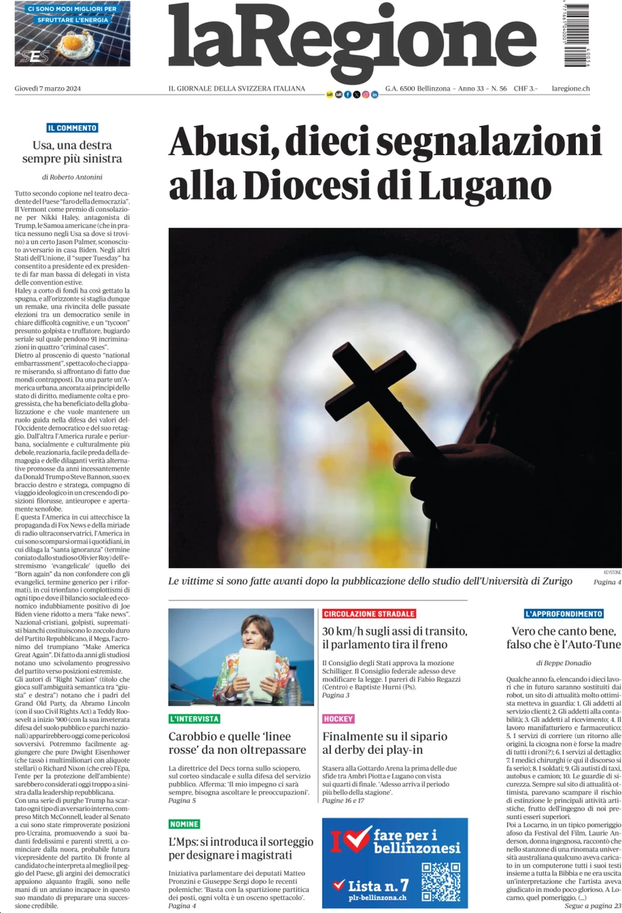 anteprima della prima pagina di la-regione del 07/03/2024