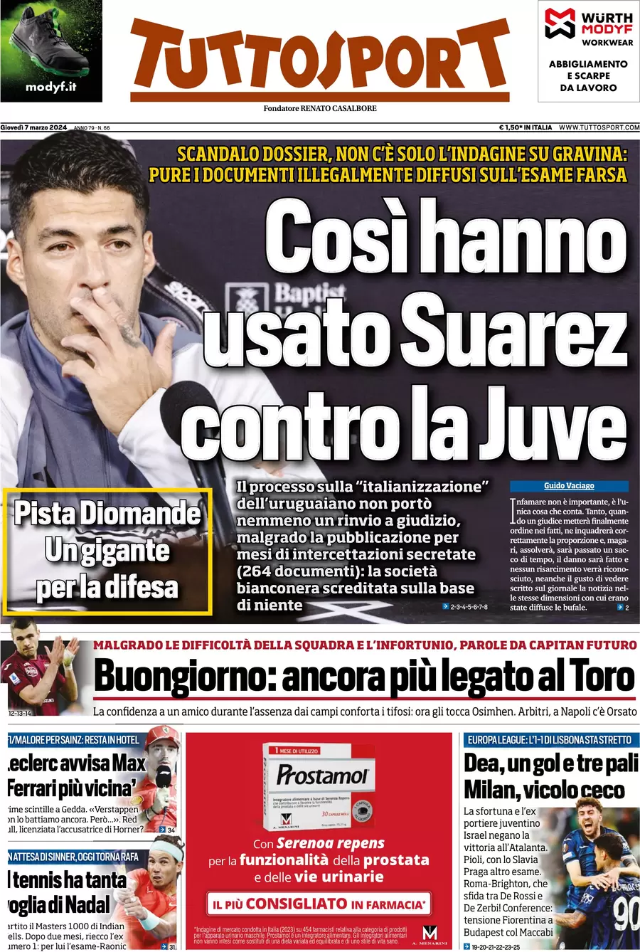 anteprima della prima pagina di tuttosport del 07/03/2024