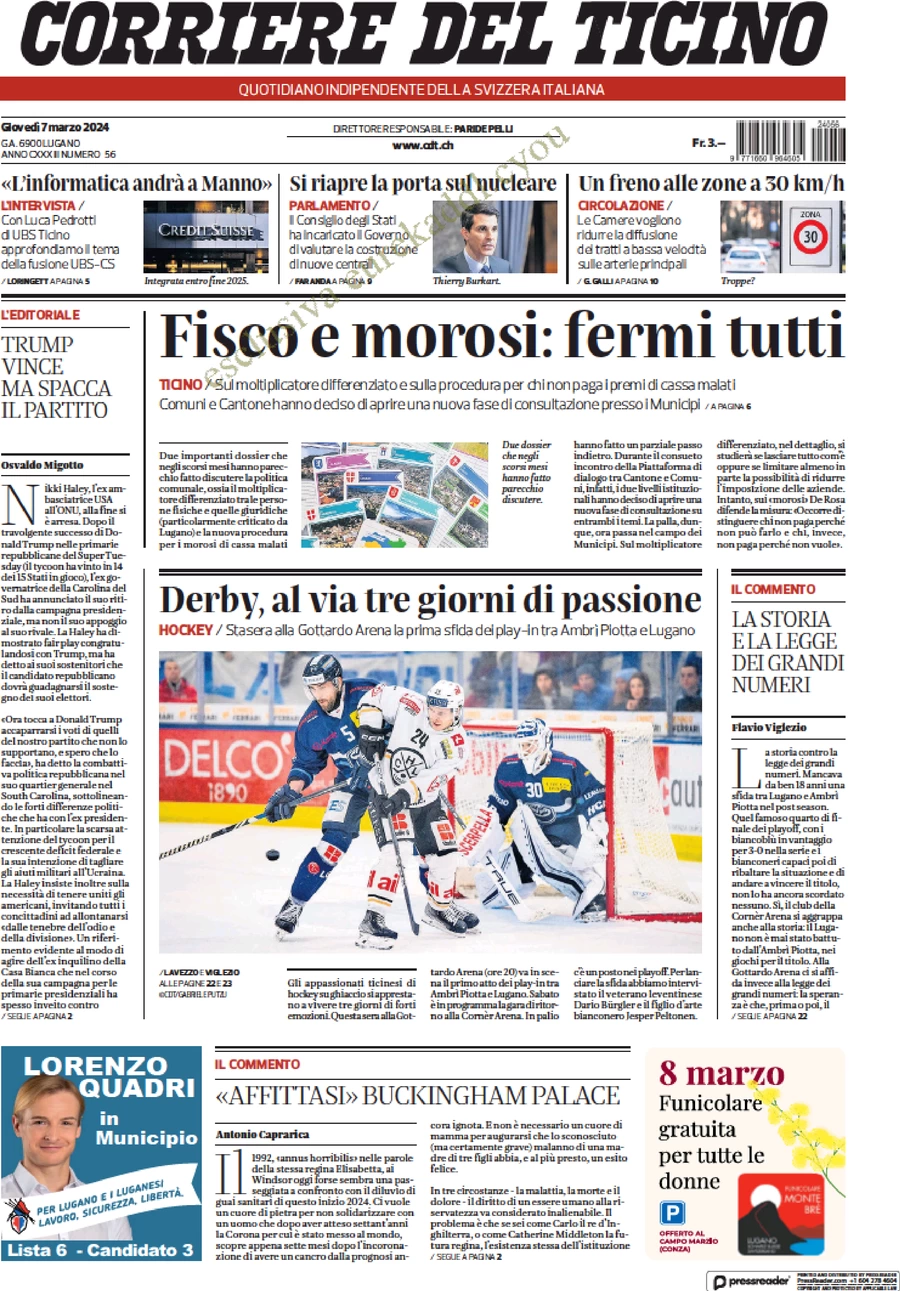 anteprima della prima pagina di corriere-del-ticino del 07/03/2024