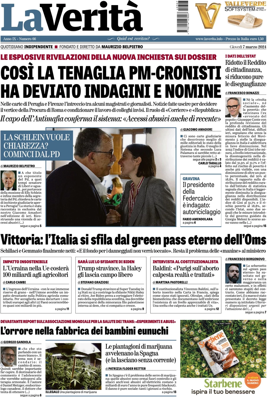 anteprima della prima pagina di la-verit del 07/03/2024