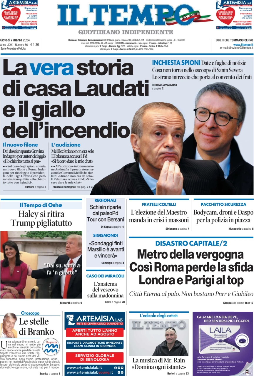 anteprima della prima pagina di il-tempo del 07/03/2024