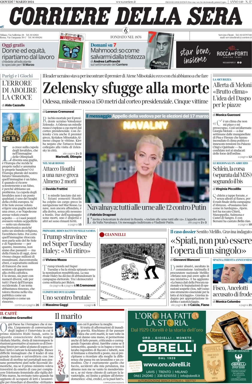 anteprima della prima pagina di corriere-della-sera del 07/03/2024