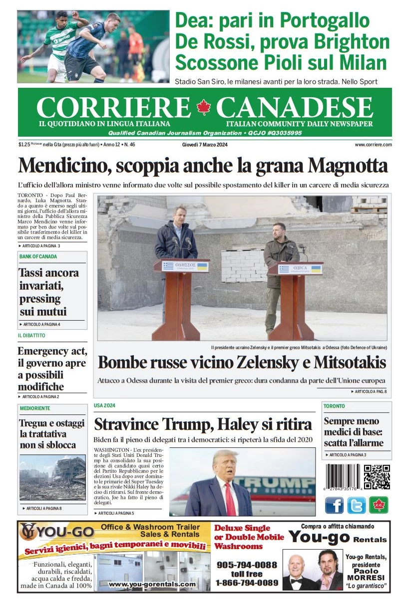 anteprima della prima pagina di corriere-canadese del 07/03/2024