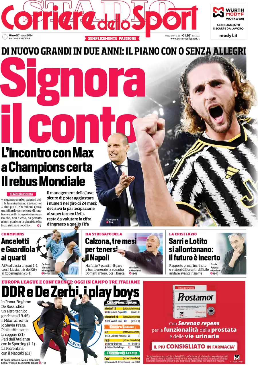 anteprima della prima pagina di corriere-dello-sport del 07/03/2024