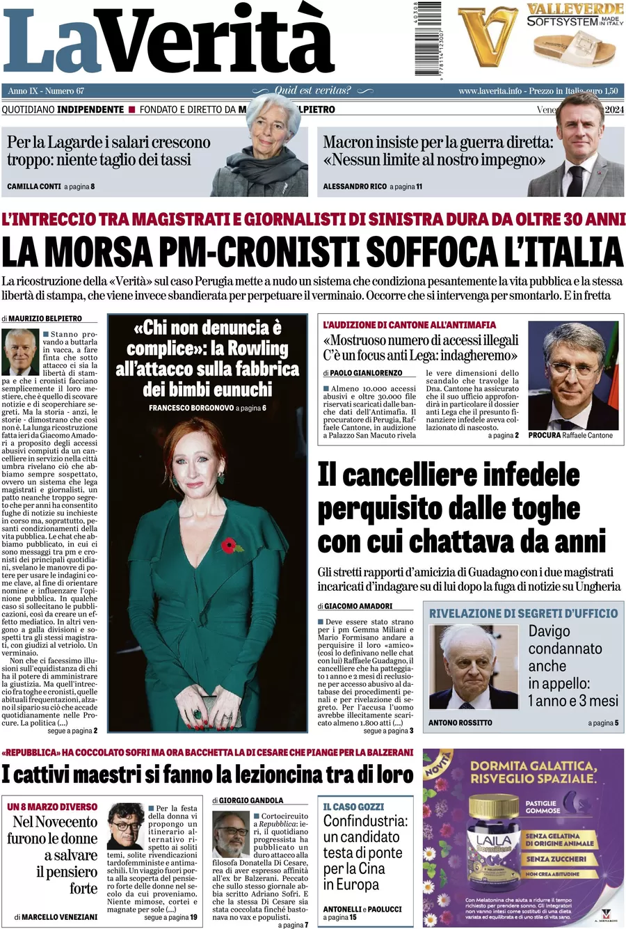 anteprima della prima pagina di la-verit del 08/03/2024