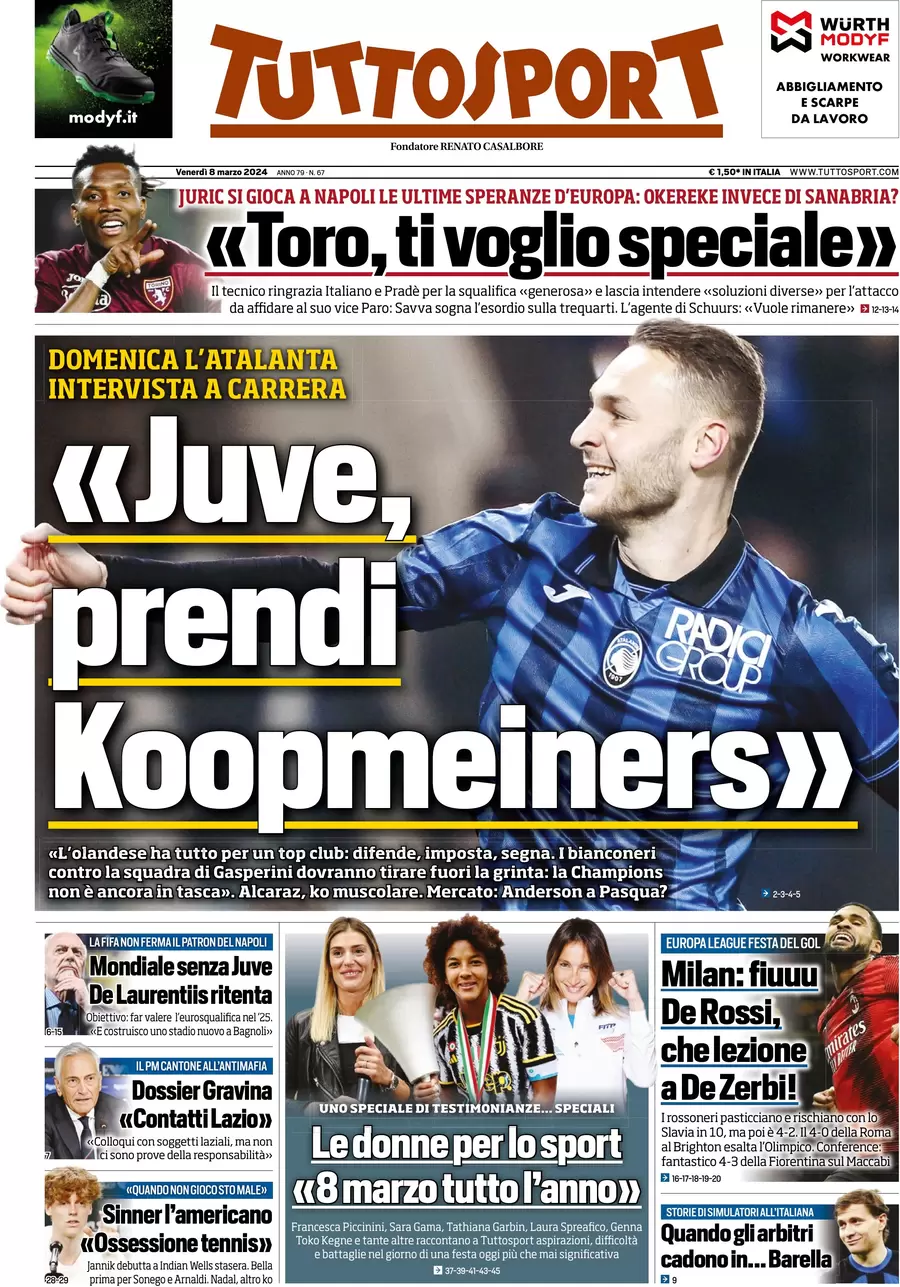 anteprima della prima pagina di tuttosport del 08/03/2024