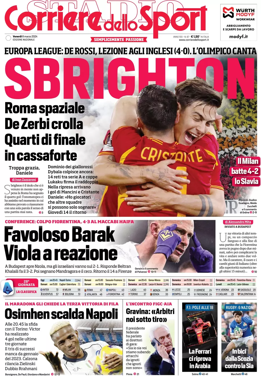 anteprima della prima pagina di corriere-dello-sport del 08/03/2024