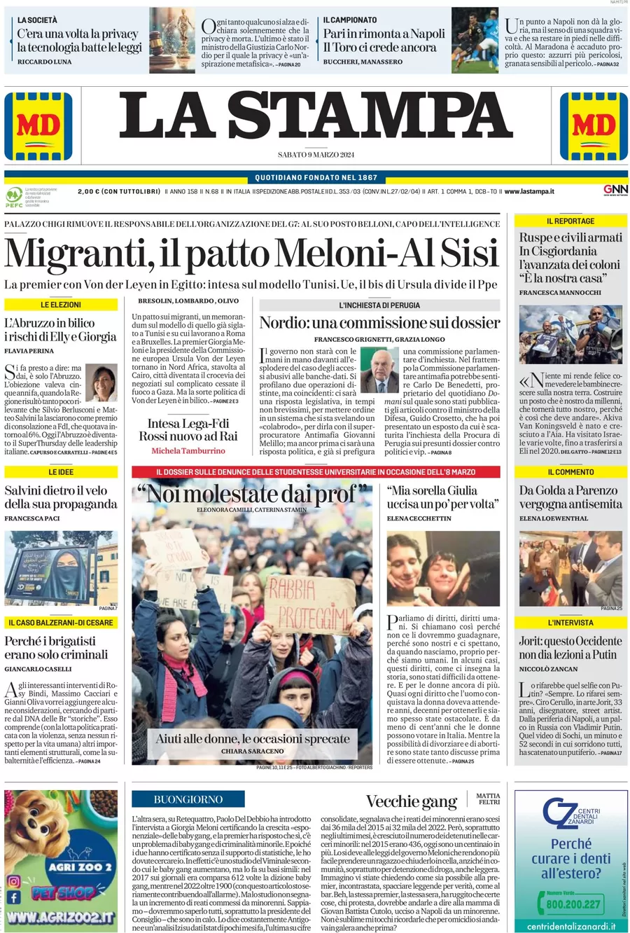 anteprima della prima pagina di la-stampa del 08/03/2024