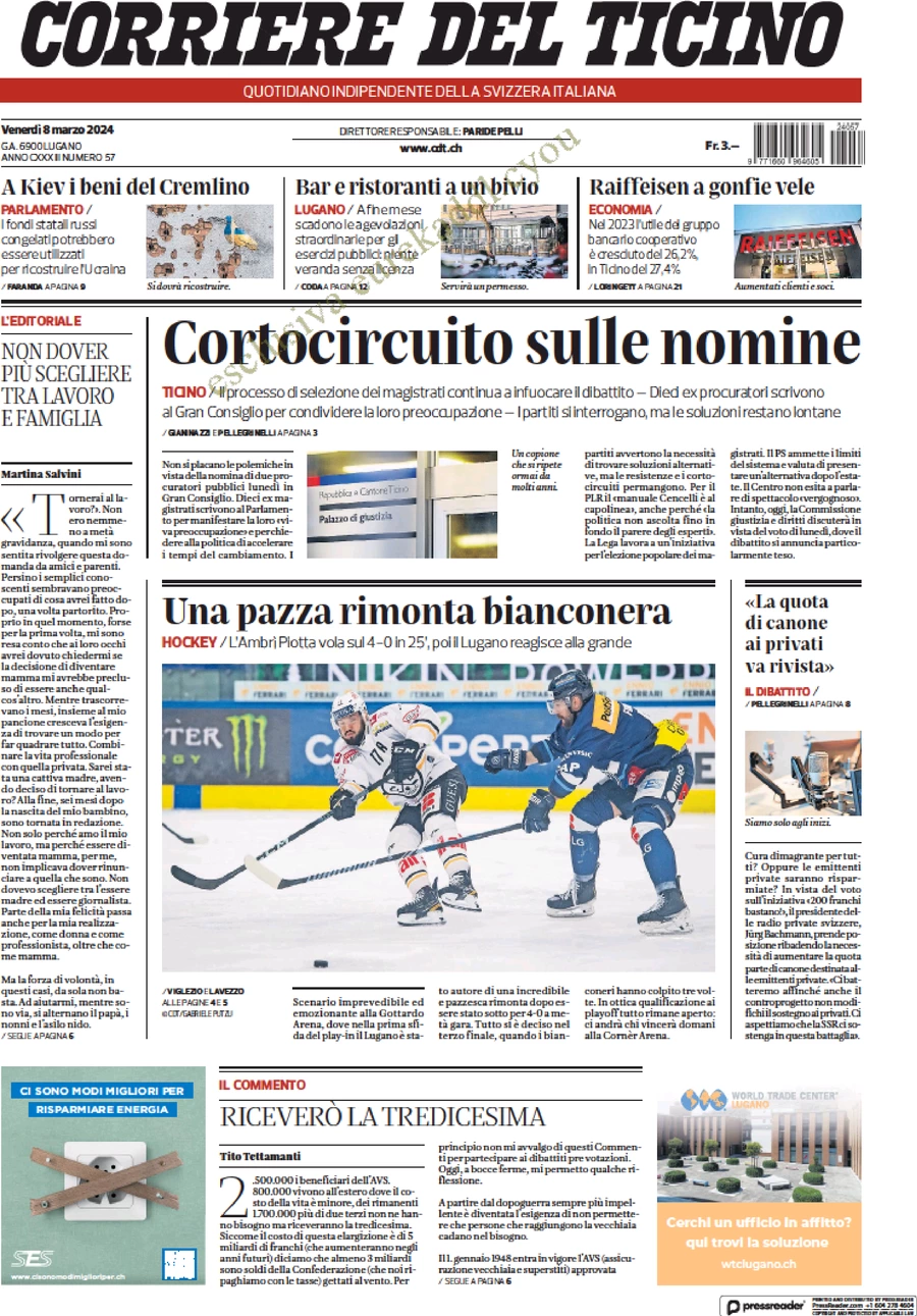 anteprima della prima pagina di corriere-del-ticino del 08/03/2024