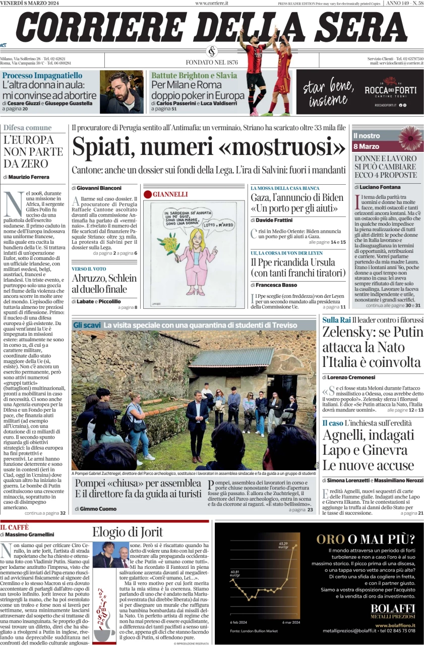 anteprima della prima pagina di corriere-della-sera del 08/03/2024