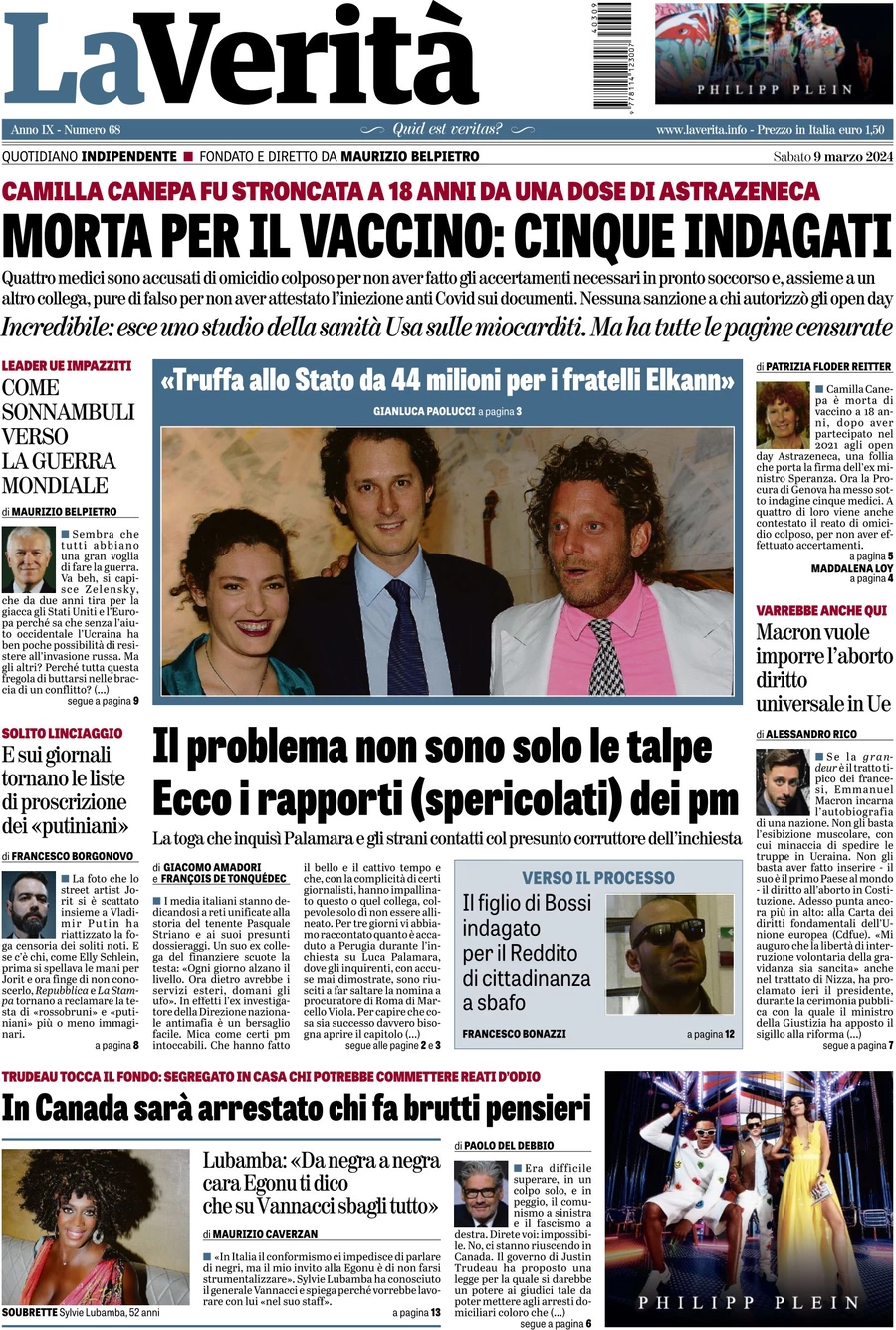 anteprima della prima pagina di la-verit del 09/03/2024