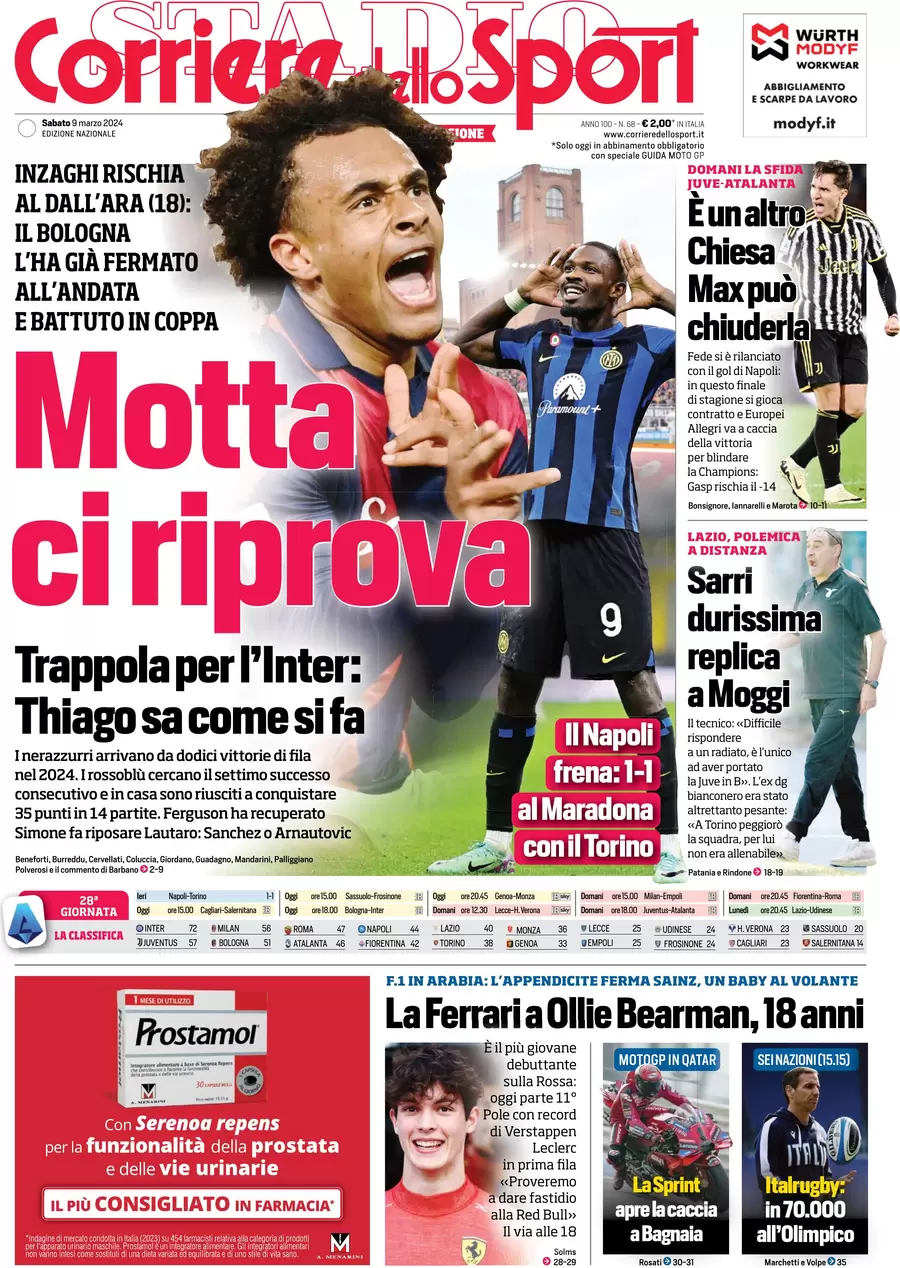 anteprima della prima pagina di corriere-dello-sport del 09/03/2024