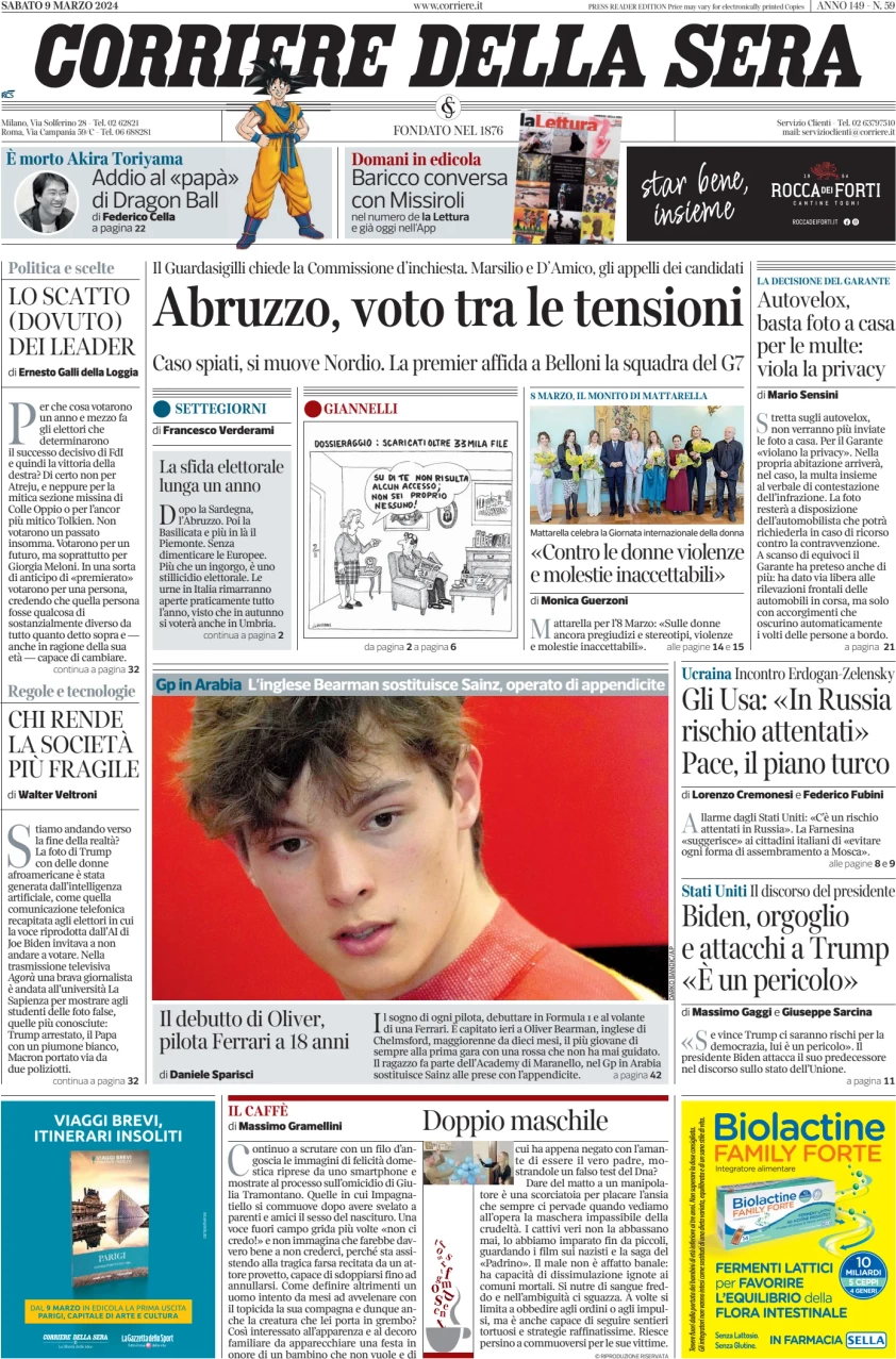 anteprima della prima pagina di corriere-della-sera del 09/03/2024