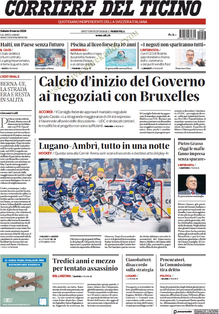 anteprima della prima pagina di corriere-del-ticino del 09/03/2024