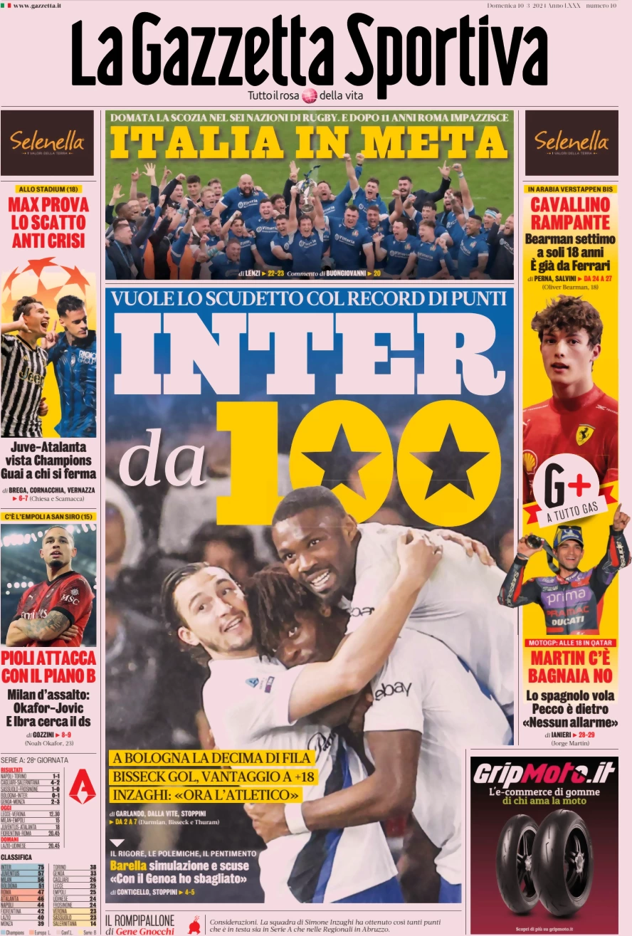 anteprima della prima pagina di la-gazzetta-dello-sport del 10/03/2024