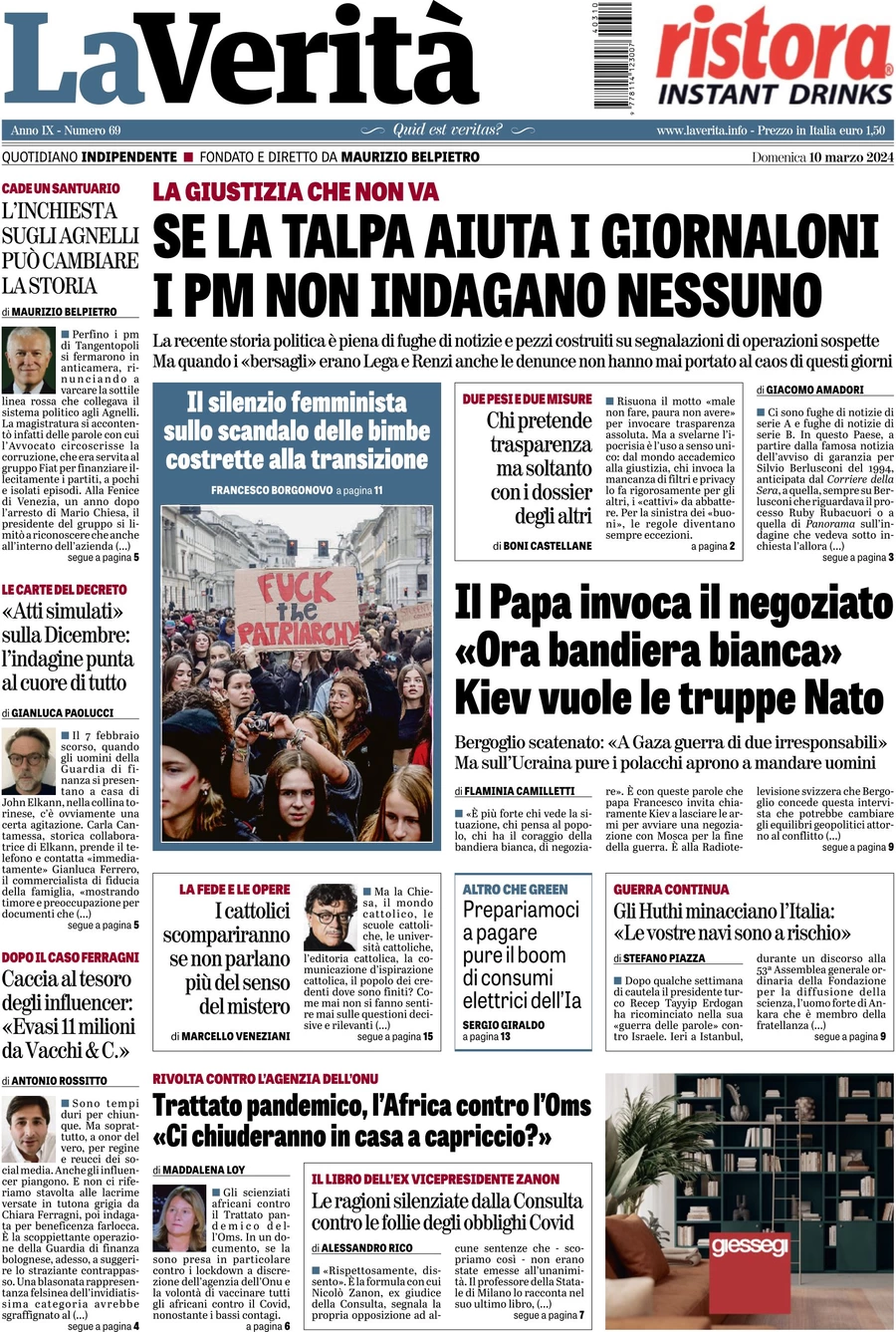 anteprima della prima pagina di la-verit del 10/03/2024