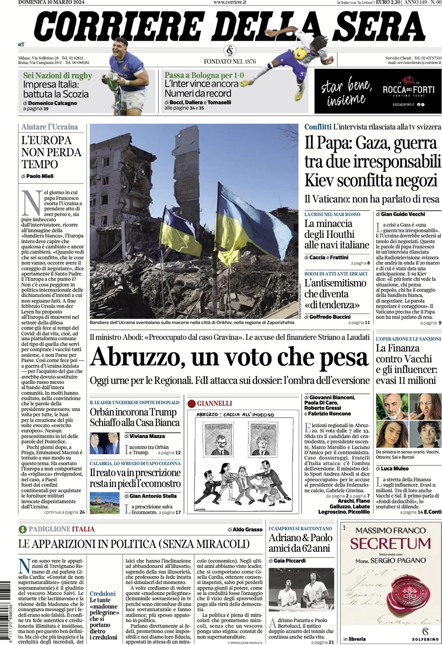 anteprima della prima pagina di corriere-della-sera del 10/03/2024