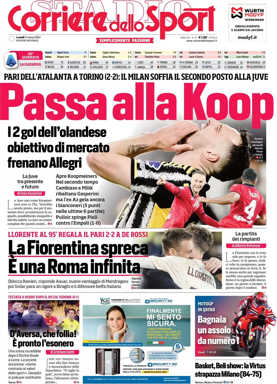 anteprima della prima pagina di corriere-dello-sport del 11/03/2024