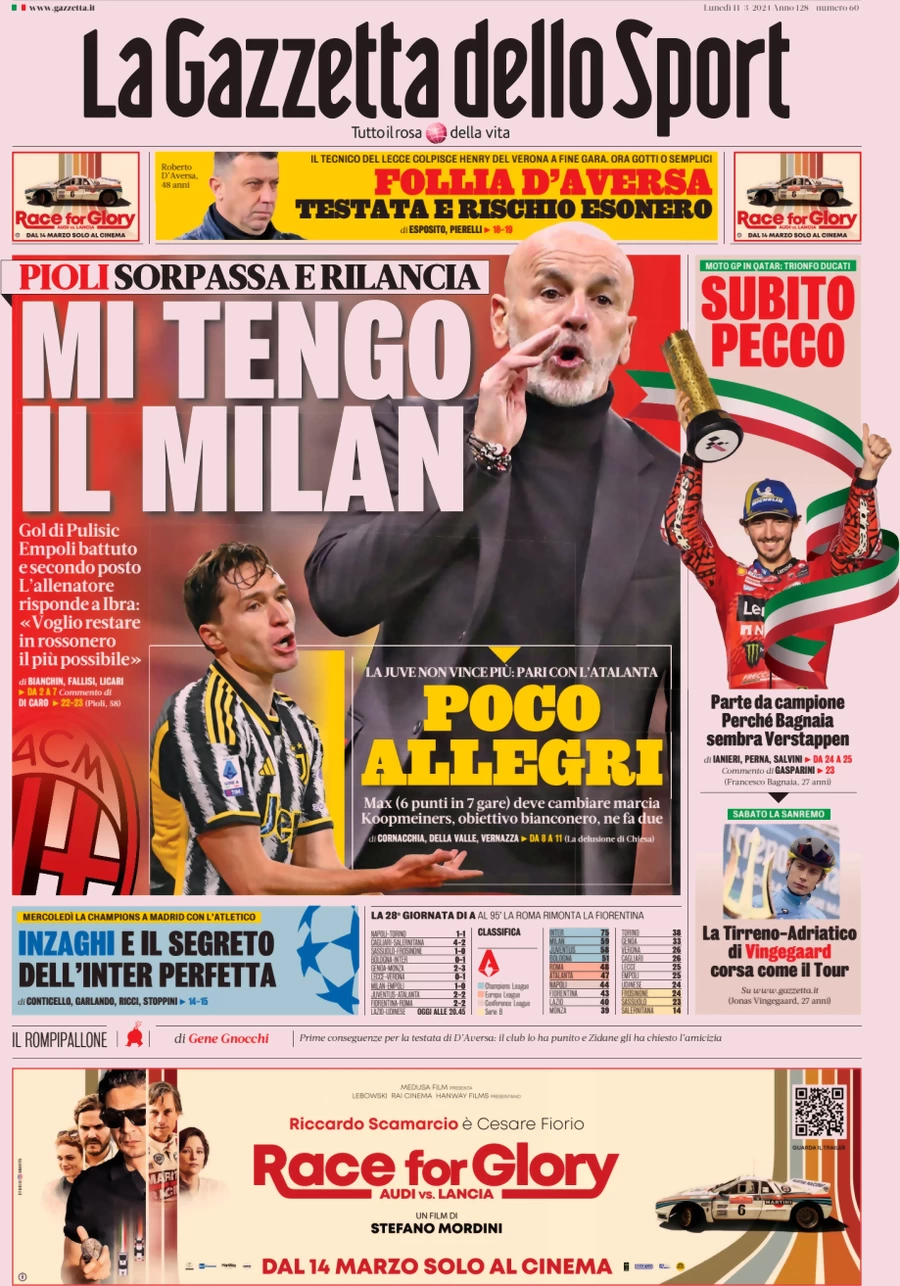 anteprima della prima pagina di la-gazzetta-dello-sport del 11/03/2024