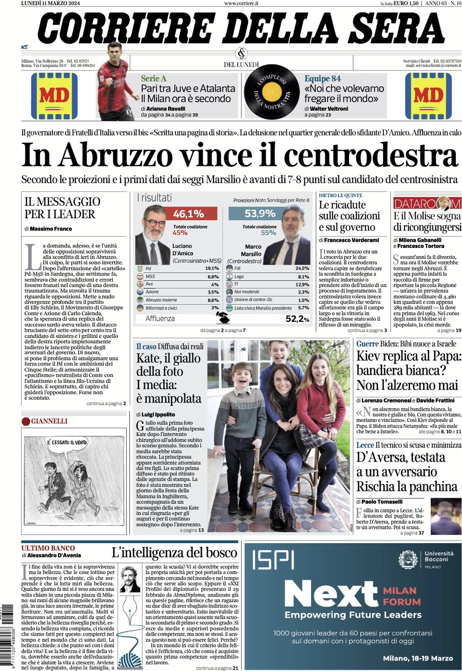 anteprima della prima pagina di corriere-della-sera del 11/03/2024