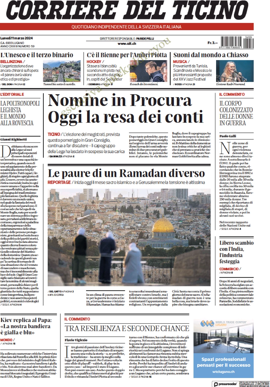 anteprima della prima pagina di corriere-del-ticino del 11/03/2024