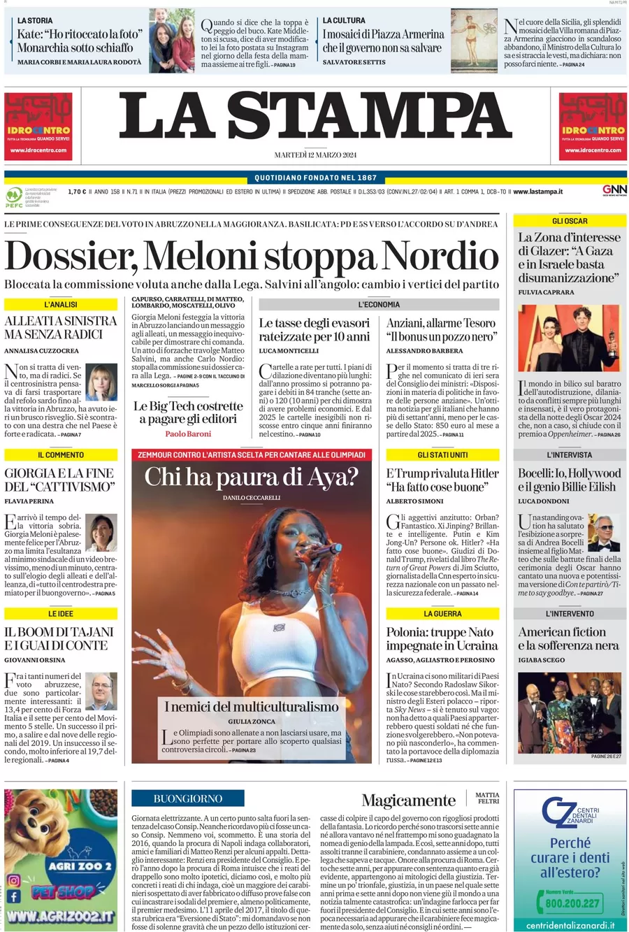 anteprima della prima pagina di la-stampa del 11/03/2024