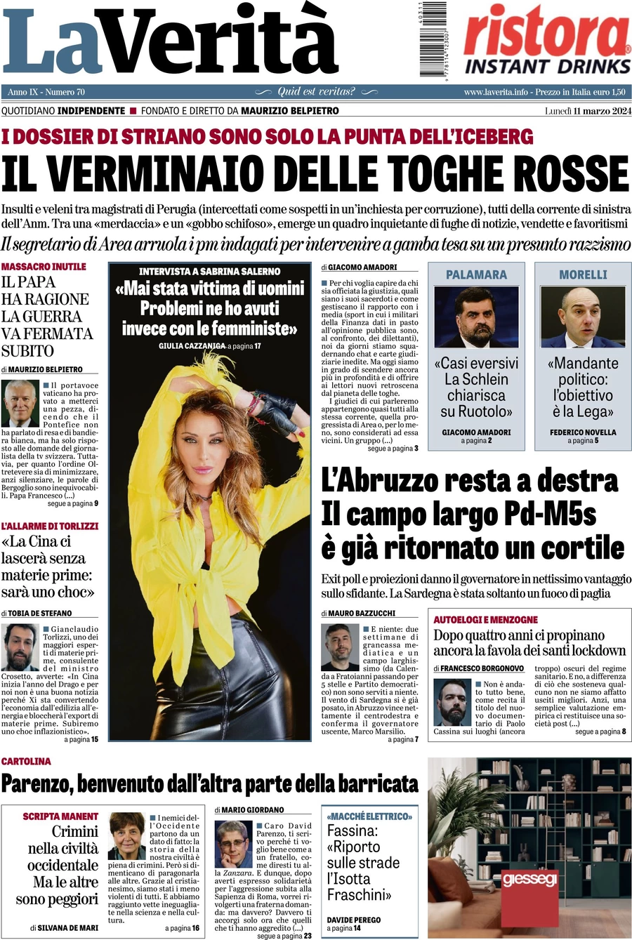 anteprima della prima pagina di la-verit del 11/03/2024