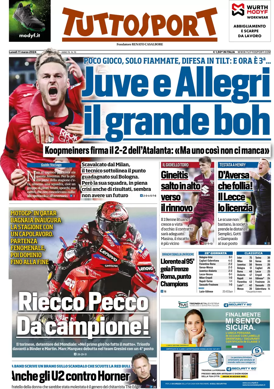 anteprima della prima pagina di tuttosport del 11/03/2024