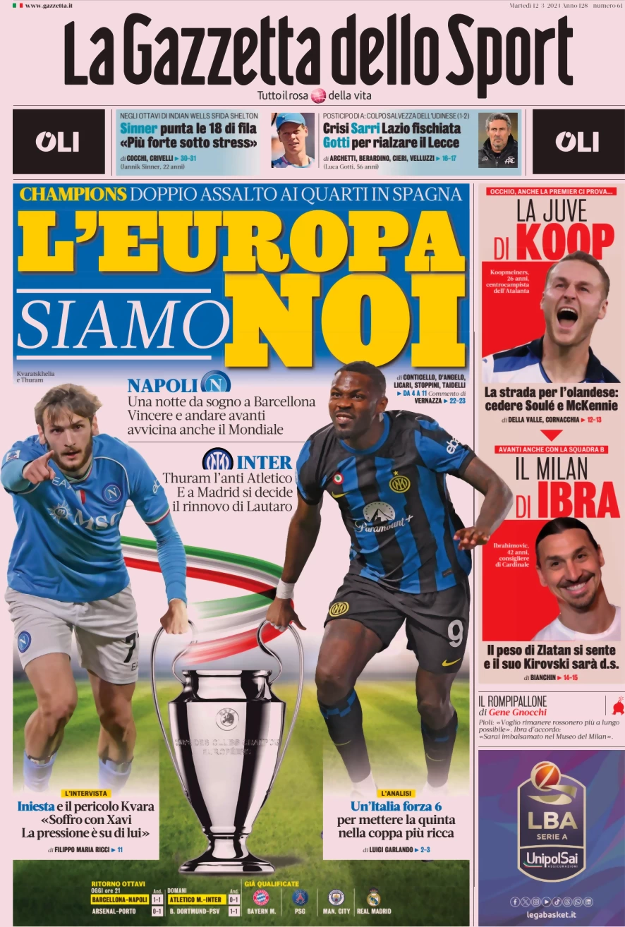 anteprima della prima pagina di la-gazzetta-dello-sport del 12/03/2024