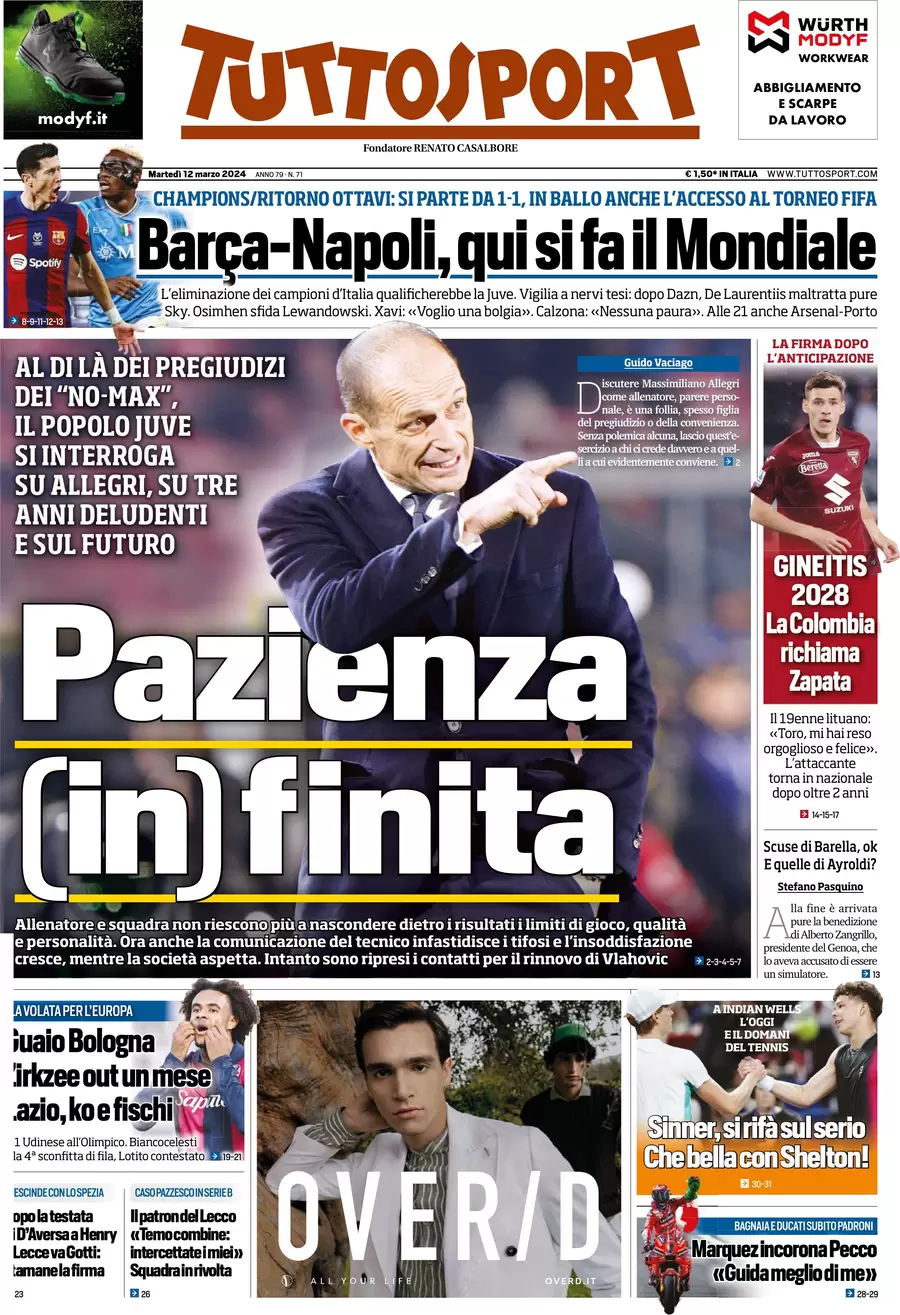 anteprima della prima pagina di tuttosport del 12/03/2024