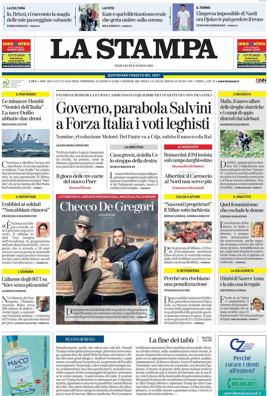 anteprima della prima pagina di la-stampa del 12/03/2024