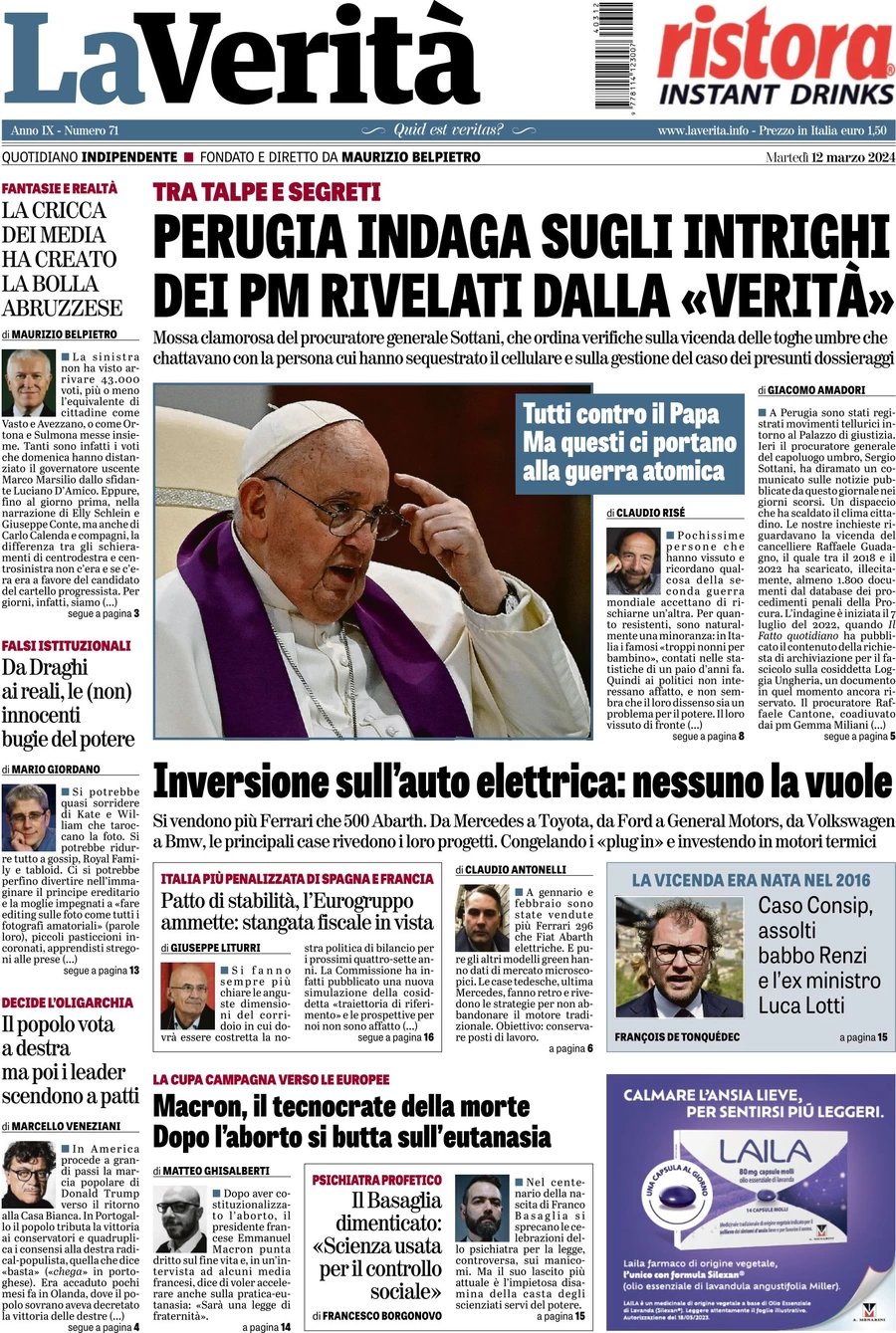 anteprima della prima pagina di la-verit del 12/03/2024